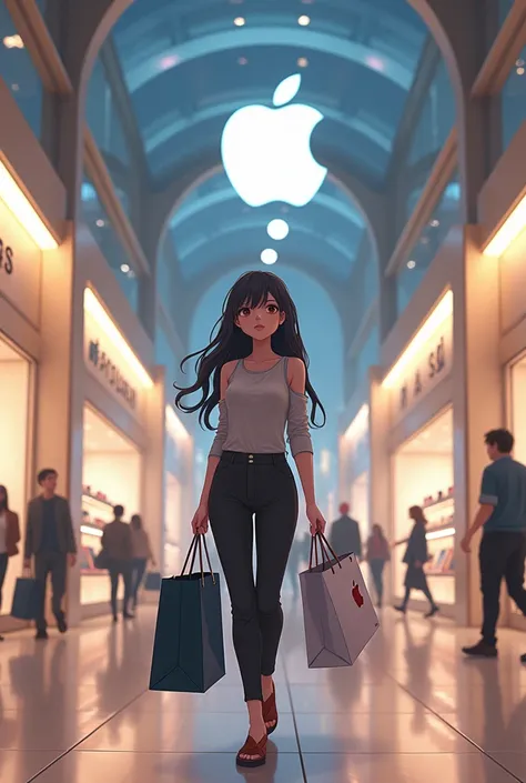 (anime o cartoon style) "Create this image: ""The same young and elegant woman is now in a luxury shopping mall, Surrounded by exclusive shops and modern decorations. Stops in front of an Apple store, looking closely at the new devices on display, Evaluati...