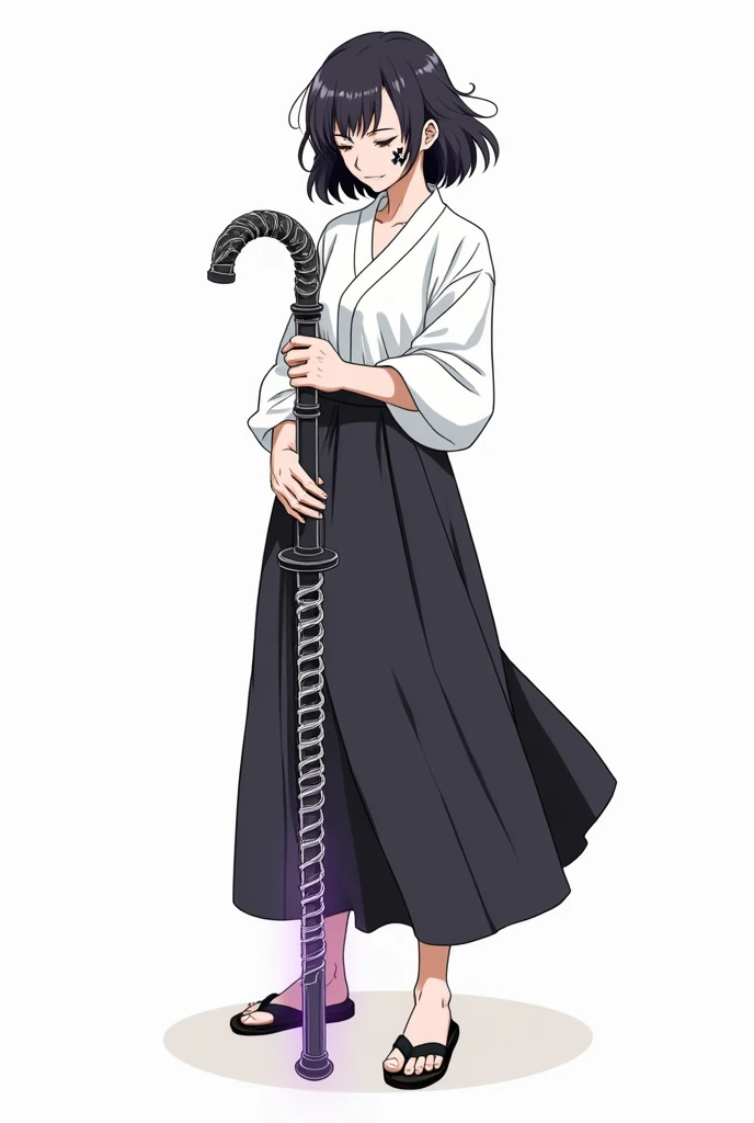 (Artwork), (8K image wallpaper), (Anime character line style), 1 blind Japanese ethnic woman with closed eyes, x-shaped cut scar on face, wearing white dress shirt with black buttons, wearing wide black Korean style skirt, wearing black sandals, holding ca...