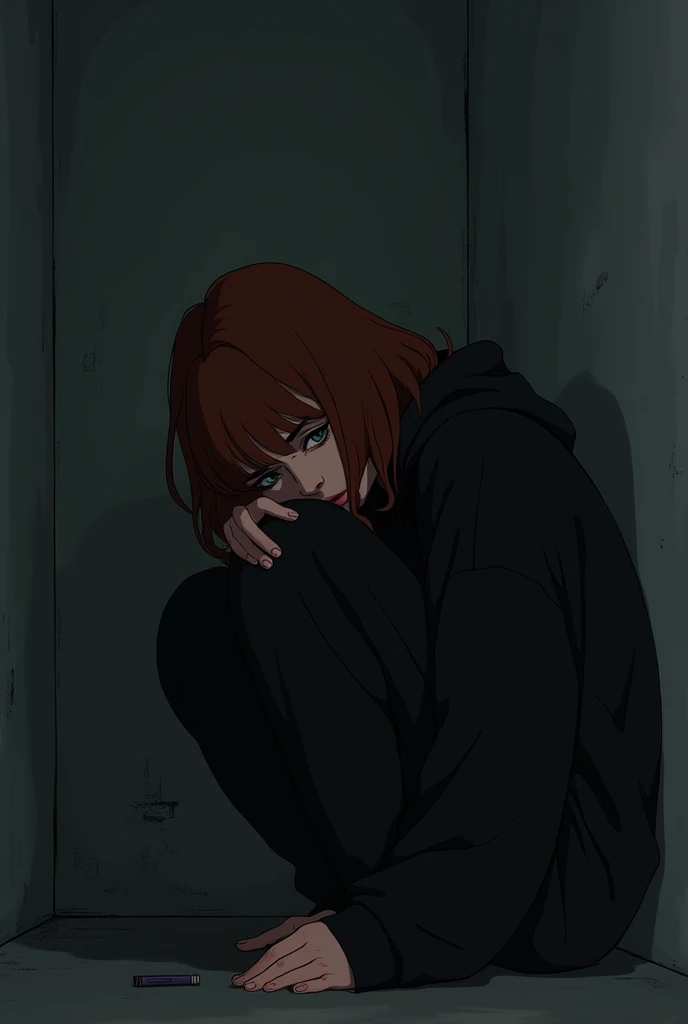 create an illustration in dark shades of a depressed young woman with brown hair and red bangs sitting in a corner with her vape, she wear black clothes