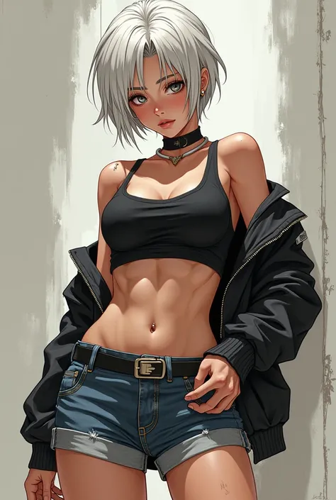 Hardcore Serious Sexy Rough Anime 2-D Tomboy Girl Tank Top Shorts Jeans White Hair Big Ass Short hair Soft Face