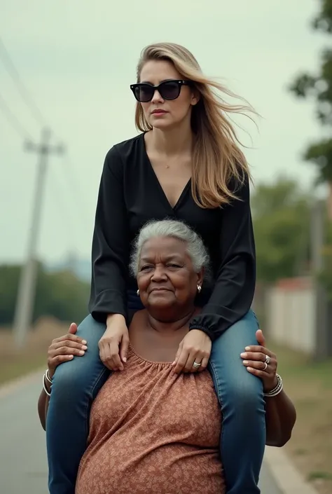 Create a photo of a 30 year old young woman, with a slender and beautiful body, wearing jeans and a long black blouse, with white and clear skin, with long light hair and wearing sunglasses being carried on the shoulders of a 90 year old elderly lady, obes...