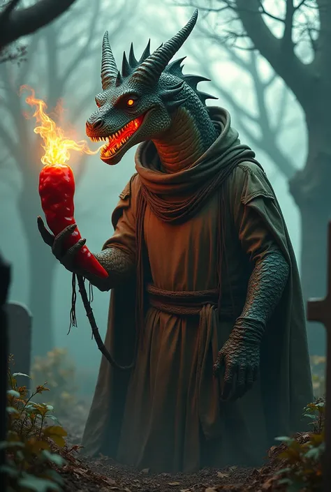 Fire-breathing dragon dressed as a gravedigger holding a giant chili pepper