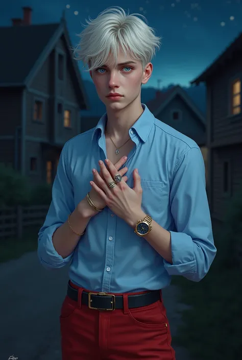 an angle boy. age 18. realistic  style... live in a village... light blue shirt with red pant... blue eye, red pupil... skin colour white... his name is "Afridee". have a rolex watch...with luxury rings in his hands... dark night with a butyful sky.  live ...