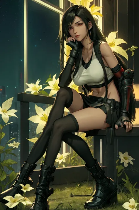 Tifa Lockhart, Final Fantasy VII,,ankle boots, Black Hair, black skirt, black knee socks, boots, Big Breasts, Cityscape, Crop top, elbow gloves, Elbow pads, fingerless gloves, whole body, gloves, Headrest, lips, Long Hair, View your viewers, low-tied Long ...