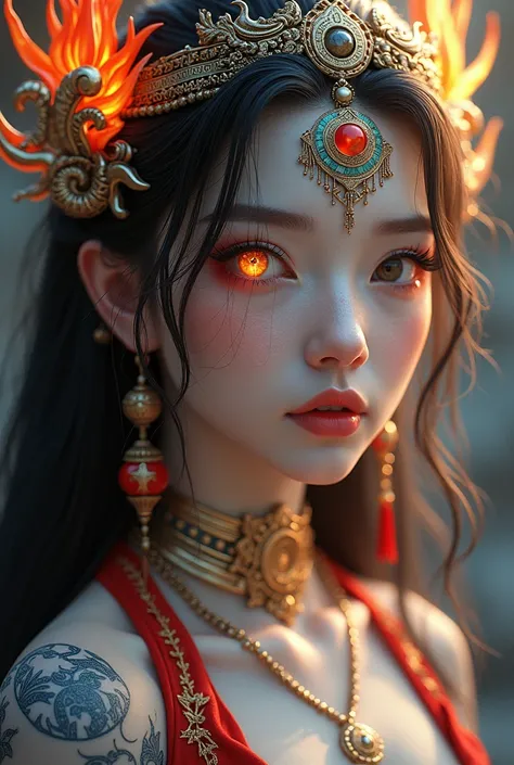 Celestial sun  , Celestial  goddess, two different colors eyes, Simbols and murals on face,  flaming color long hair, Young women, Onmyoji-style, , face lines, runes on face, xianxia, glowing mixed color eyes, colorful makeup, ancient silver accessories, T...