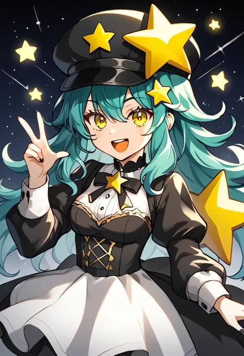 Girl with long dark turquoise hair, yellow eyes, yellow star pin in her head wearing a black and white dress and black hat on her head