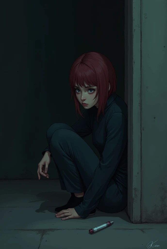 create an 2d illustration in dark shades of a depressed young woman with short brown hair and red hair bangs sitting in a corner with her vape, she wear black clothes