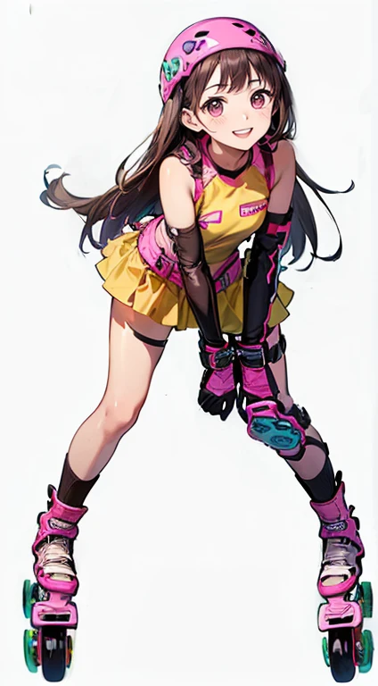 Highest quality、Smiling cute female junior high school student、((Dark brown long hair、Two Side Up、Pink Lips))、((((High resolution、Have fun wearing high quality pink inline skates、Knee and elbow protectors))))、Cute pose、Round droopy eyes