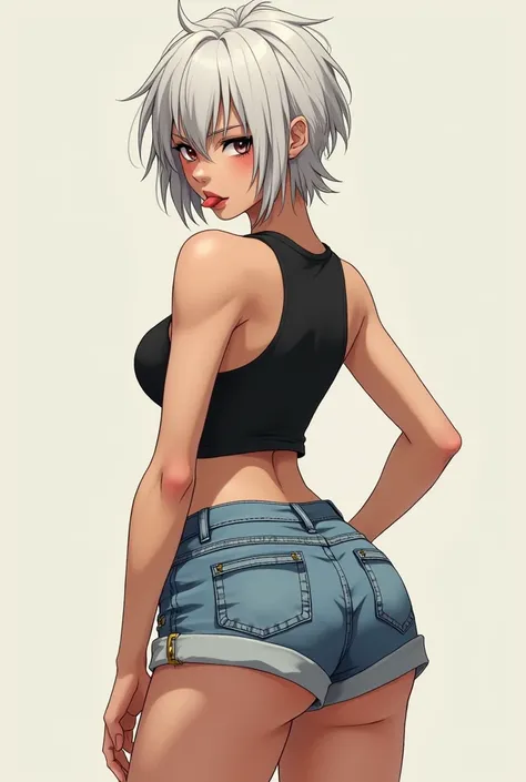 Hardcore Serious Sexy Rough Anime 2-D Tomboy Girl Tank Top Shorts Jeans White Hair Big Ass Short hair Soft Face Sticking tongue out