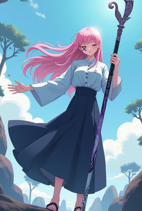 (Artwork), (8K image wallpaper), (Anime character line style), 1 blind Japanese ethnic woman with closed eyes, long pink hair, x-shaped cut scar on face, wearing light blue dress shirt with black buttons, wearing wide black Korean style skirt, wearing blac...