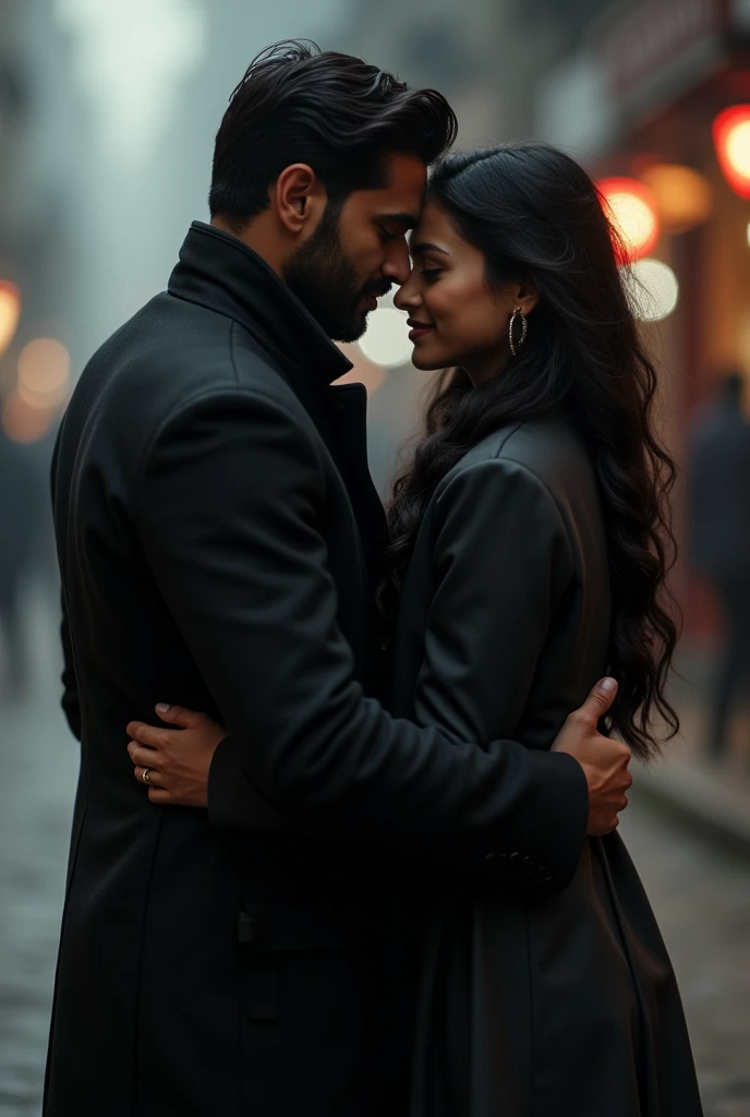 An indian  guy wearing black coat standing with his girlfriend aesthetic  a bit far 