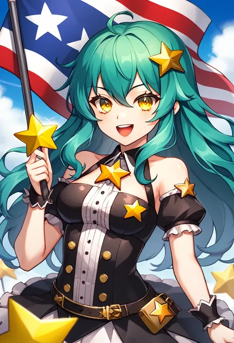 Girl with long dark turquoise hair, yellow eyes, yellow star pin in her head with a flag of Chile on her hand 