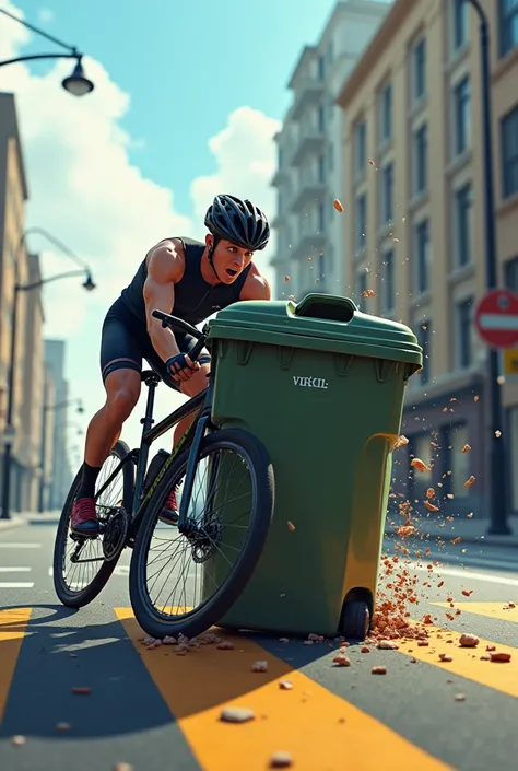 Cyclist crashing head-on into a garbage container that was placed in the cycle path 