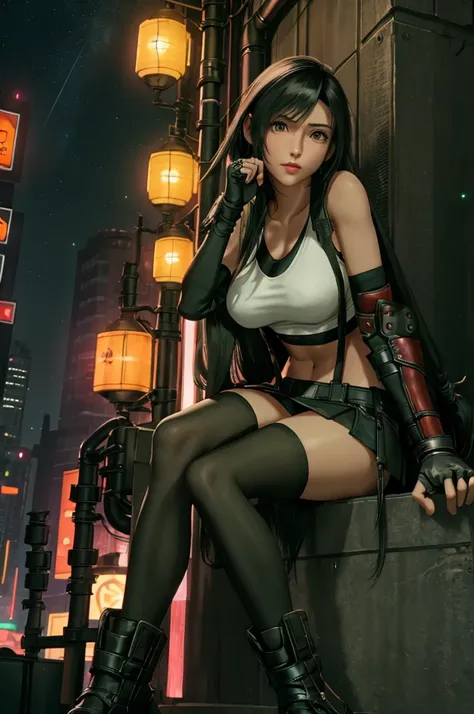 Tifa Lockhart, Final Fantasy VII,,ankle boots, Black Hair, black skirt, black knee socks, boots, Big Breasts, Cityscape, Crop top, elbow gloves, Elbow pads, fingerless gloves, whole body, gloves, Headrest, lips, Long Hair, View your viewers, low-tied Long ...