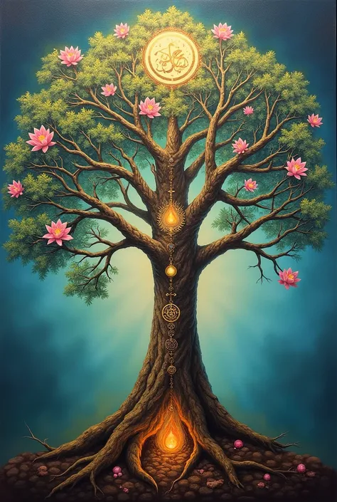 (Paint) A Tree of Life with deep roots symbolizing karma and reincarnation. On its branches are symbols like the lotus (Hinduism/Buddhism), Khanda (Sikhism), Dharma Wheel (Buddhism), and Ahimsa Hand (Jainism). The branches reach towards the sky, representi...