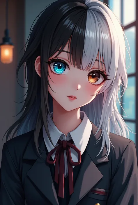 1girl, beautiful detailed eyes, beautiful detailed lips, extremely detailed eyes and face, long eyelashes,  girl, long hair, half dark brown hair, half white hair, heterochromatic eyes, one blue eye, one brown eye, dark academia style dress, school uniform...