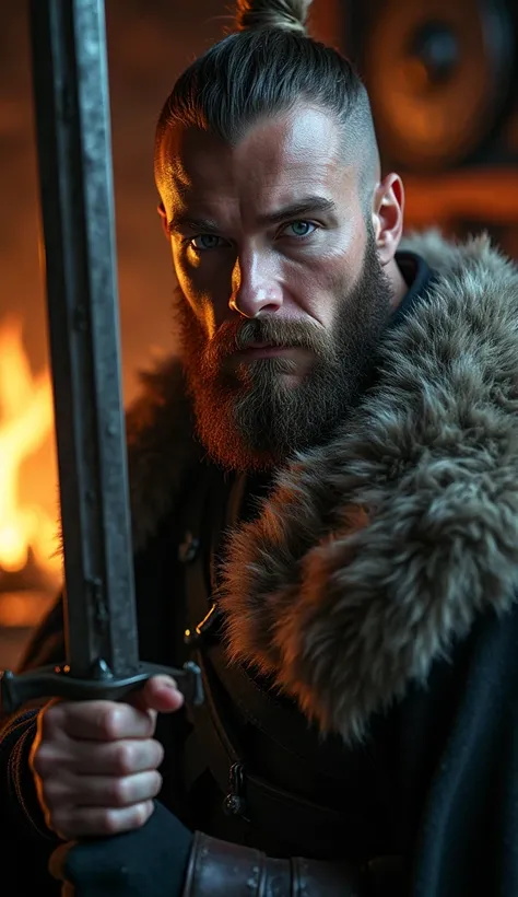 Close-up of Ragnar Lothbrok wearing wolf-skin pants, detailed textures of fur and leather, his hand resting on a Viking sword hilt, set in a dimly lit Viking hall with firelight flickering, in the background wooden beams and Viking shields on the walls, hy...