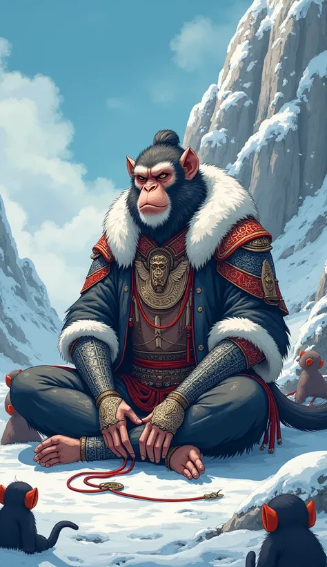 Vibrant anime-style  highly detailed digital illustration of a powerful anthropomorphic monkey warrior sitting in a meditative pose in a cold, snowy mountain setting. The warrior should be dressed in ornate, fur-lined armor with intricate designs, some of ...