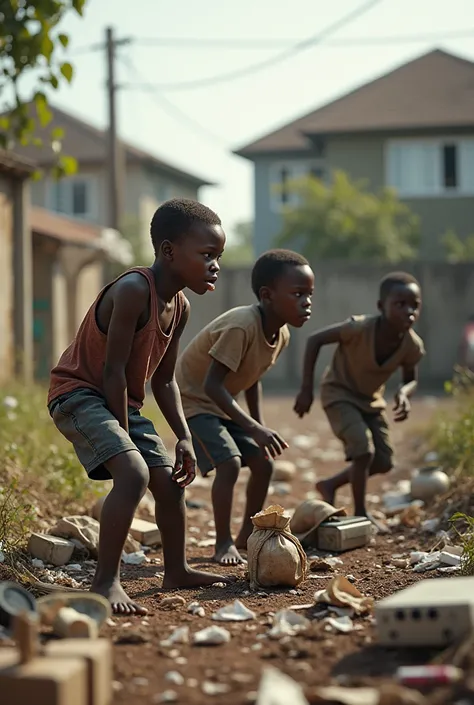 

Generate images of four African children scavengers in a suburban 
