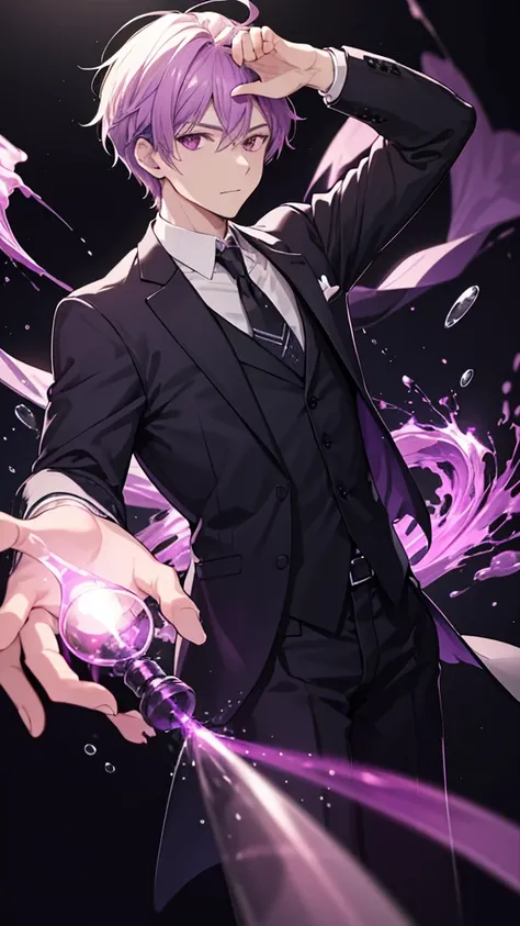 A picture of a  man dressed in a business suit while holding a piece of purple potion vial glowing and in a blank background 