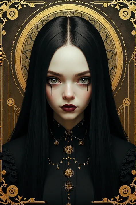 A highly detailed painting of Wednesday Addams face, surrounded by intricate, symbolic patterns in a style inspired by Edmund Dulac. The composition is symmetrical, with a focus on fine details and ornate elements. The color palette combines deep gold and ...