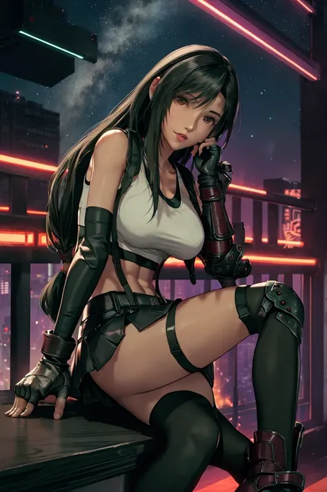 Tifa Lockhart, Final Fantasy VII,,Ankle boots, Black Hair, black skirt, black knee socks, Big Breasts, Cityscape, Crop top, Elbow Gloves, Elbow pads, fingerless gloves, whole body, Headrest, lips,View your viewers, low-tied long hair, Panties,Midgar, Green...