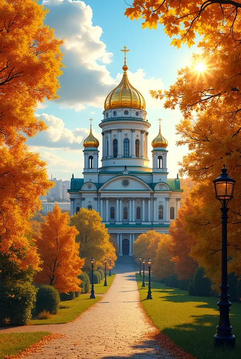 Beautiful bright yellow and green autumn in Saint Petersburg St. Isaac&#39;s Cathedral,8 K,12,Sun
