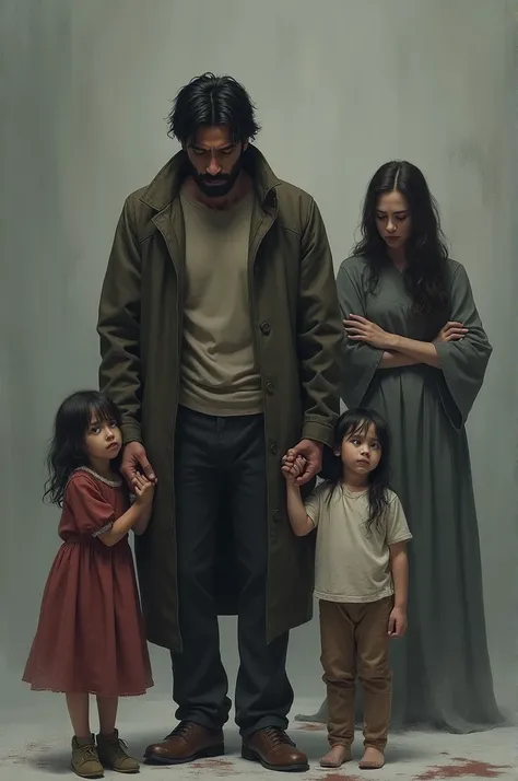 A father holding a girl and a boy by the hands in a grey environment and his mother crying in the background because she lost her family.