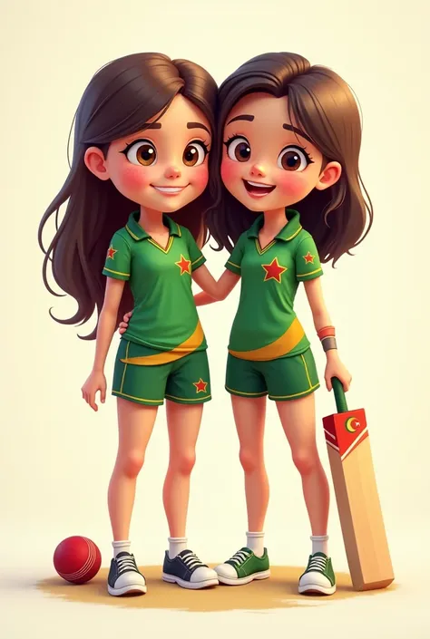 Create an illustration of two young girls wearing cricket uniforms, one representing Pakistan and the other representing Bangladesh. They are standing side by side, smiling warmly, with one arm around each other in a gesture of friendship. The Pakistani gi...