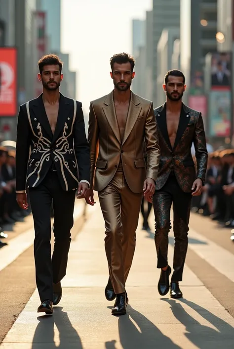 3 Algeria Handsome Men World Top Model walking on the Tokyo Fashion Week together wearing a High Fashions With Background of Tokyo City in midday Outdoor and Full Boddy