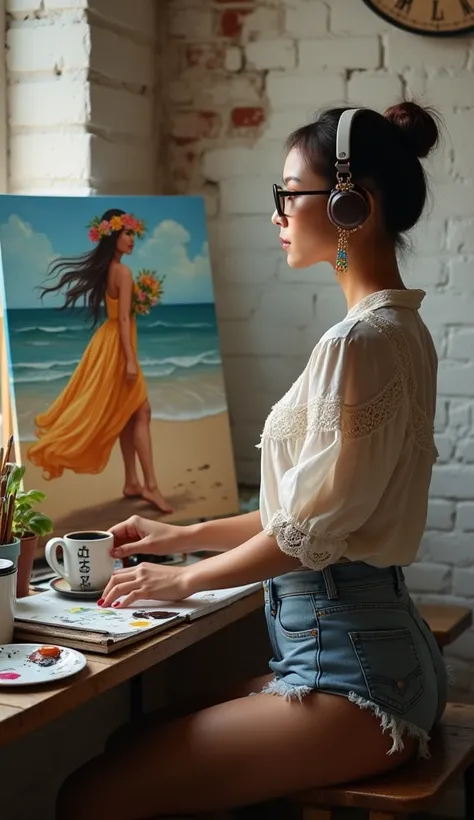 The photograph captures a small studio with soft, diffused lighting. In the foreground, theres a portrait of a mixed Thai-Chinese woman with fair skin. She wears a Bohemian- style blouse, denim shorts, and has a trendy undercut hairstyle, with large headph...