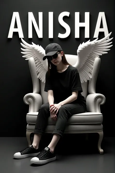 Create 3D illusion picture where a girl in a black shirt sites casually on a wing back chair. Wearing sneakers, a black cricket, and sunglasses, looks ahead. The background features "ANISHA" in big and capital white font on the black wall. There should not...