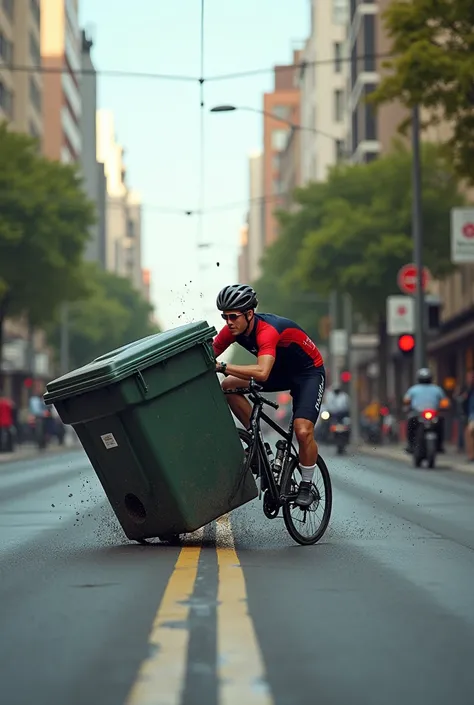 Cyclist crashing head-on into a large garbage container that was placed in the middle of the cycle path in the city of La Paz 
