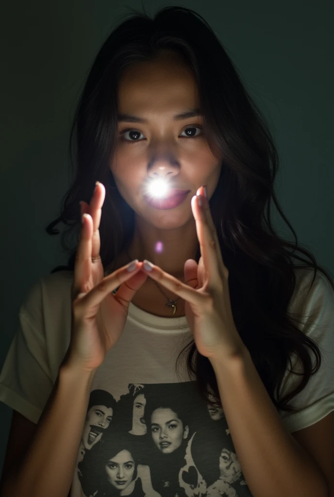 Pretty girl taking a selfie in front of the mirror. Światło z lampy błyskowej mocno odbija się od lustra, covering part of the face and hands. The person has long dark hair, light make-up and full lips with a distinct shine. He&#39;s wearing a T-shirt with...