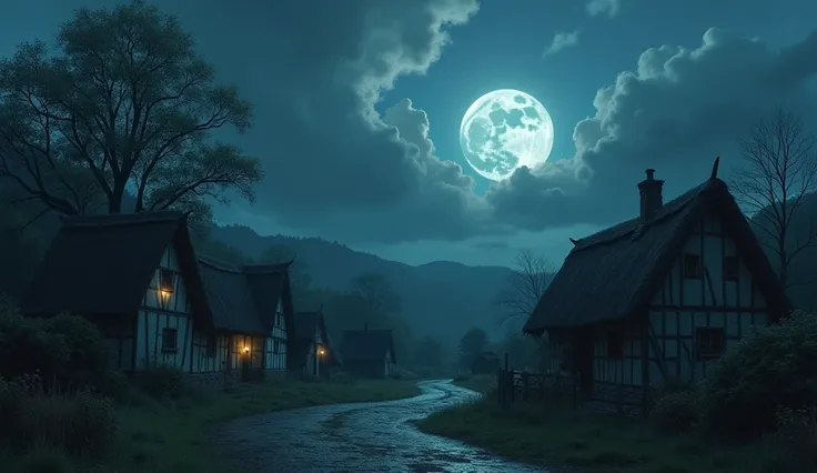 Dusk in the village, with the full moon barely visible through dense clouds. The village seems unusually silent