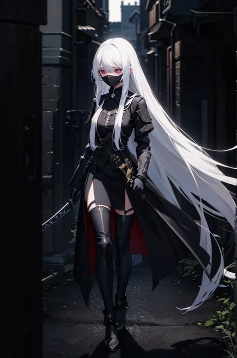 A girl with long white hair with a mask covering her entire face and a black sword on her back walking through a battlefield in the middle of the night facing
