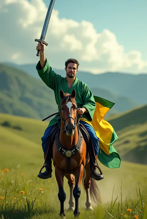 A man wearing a tight-fitting jiu-jitsu kimono the color of the Brazilian flag , he is riding a brown horse that is in the field, the man raised a sword upward