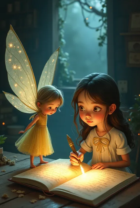 A fairy standing in front of a poor girl
.while the girl was write in her diary with a magic pen.
