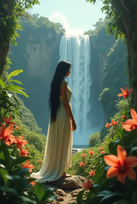 Holy Virgin of the valley of Venezuela with black hair and a bathing suit, Angel Falls in the background with orchids

