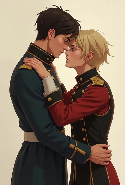 A soldier boy hugging a prince boy with medium brown dark blond hair (realistic and they are older young people)