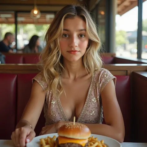 Masterpiece, highest quality, high resolution,  , in California, Younger headshot at a restaurant in California , Indian kurta with large neckline, beautiful firm ,  blond hair, wavy hair, ,  blush on face, burger and fries on the plate , details with hand...