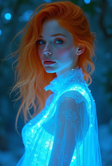 Orange hair girl wearing a blue bioluminescent dress