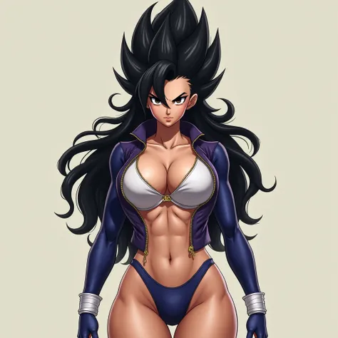 ((perfect anatomy:1.2,realistic:1.3,RAW Photography:1.3,masterpiece、highest quality、Ultra - High resolution、High resolution、Highly detailed CG、8K)), image of a female super saiyan Vegeta, The outfit should be alluring ,overly revealing,(((exposed breasts))...