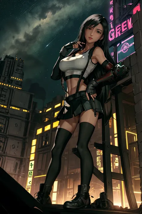 Tifa Lockhart, Final Fantasy VII,,Ankle boots, Black Hair, black skirt, black knee socks, Big Breasts, Cityscape, Crop top, Elbow Gloves, Elbow pads, fingerless gloves, whole body, Headrest, Small face,8 heads,lips,View your viewers, low-tied long hair, Pa...