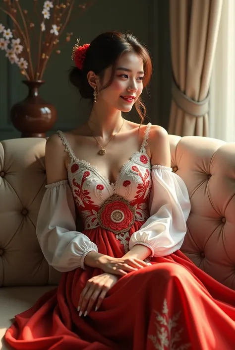 Woman sitting on sofa ,wearing beautiful red and white dress ,seeing right side , giving little smile