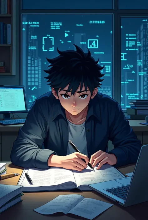 Can you generate a anime boy at the age of 20 years old studying math at night,he is using laptop and 3-4 books .add the picture of an IT behind him and name him Yun BunHeng