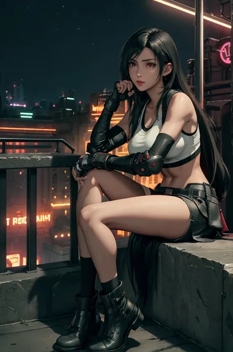 Tifa Lockhart, Final Fantasy VII,,Ankle boots, Black Hair, black skirt, black knee socks, Big Breasts, Cityscape, Crop top, Elbow Gloves, Elbow pads, fingerless gloves, whole body, Headrest, Small face,8 heads,Red Eyes,lips,View your viewers, low-tied long...