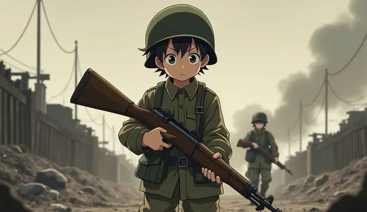 Create an anime-style illustration of a very young boy, around , carrying a gun and heading to war. The boy is standing forward-facing, looking directly at the camera with wide, determined eyes that show both fear and a sense of duty. He is small and frail...