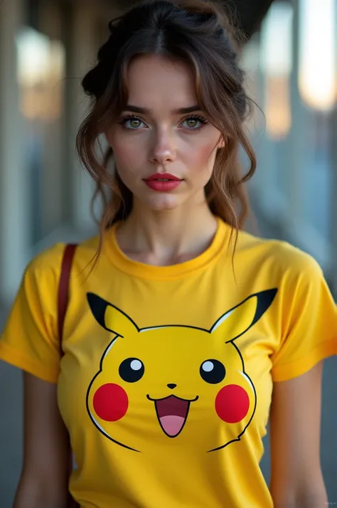 Image of Russian woman wearing pikachu tshirt she is slim but she has big breast