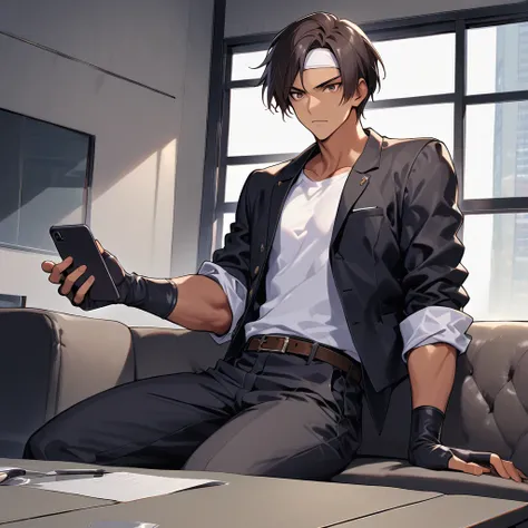 Handsome boy, 20 years old, dark hair, short cut, dark skin, ((black jacket with rolled up sleeves)), fingerless gloves, white T-shirt, ((white headband)), black pants, white shoes, wearing brown belt, sitting in office on luxury sofa, behind floor to ceil...